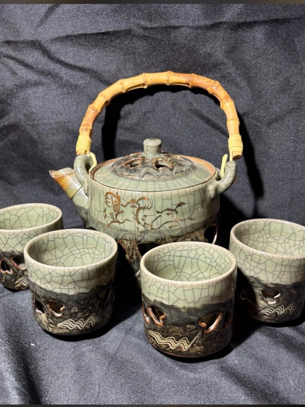 Celadon Crackle Glazed Teapot Set with Bamboo Handle - Cut out Hearts-Japan